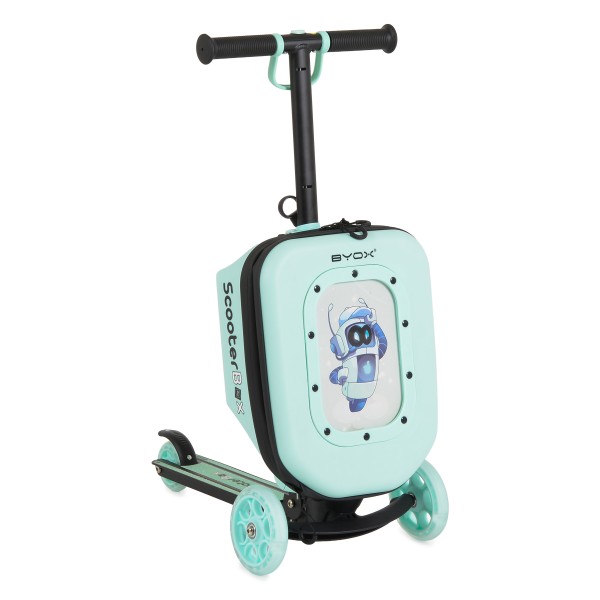 Trotinetă 2în1 Byox ScooterBox Mint, Geantă Depozitare Extensibilă, Compartiment Desen A5, Roți LED, Ghidon Reglabil, 2-5 Ani