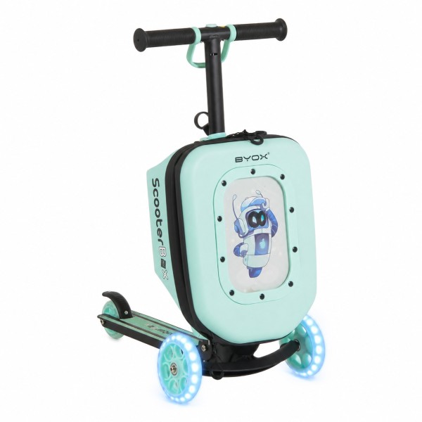 Trotinetă 2în1 Byox ScooterBox Mint, Geantă Depozitare Extensibilă, Compartiment Desen A5, Roți LED, Ghidon Reglabil, 2-5 Ani
