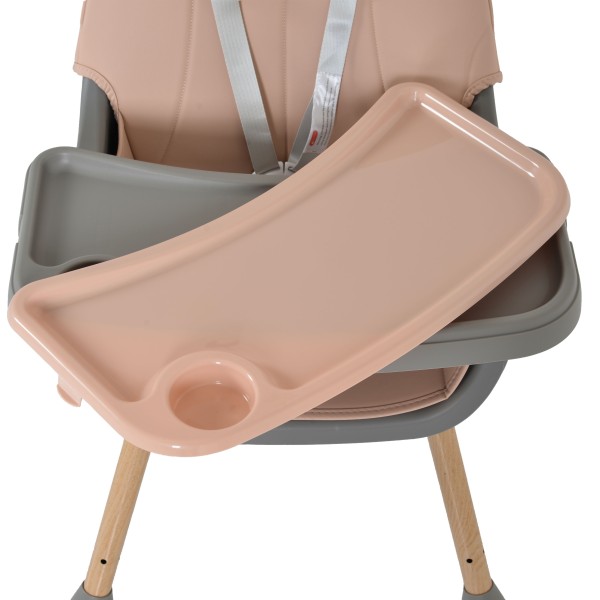 Scaun de Masă 2în1 Moni Biscotti Pink, Tapițerie PU, Ham 5 Puncte, Tavă Dublă Detașabilă, 6 Luni – 20 kg