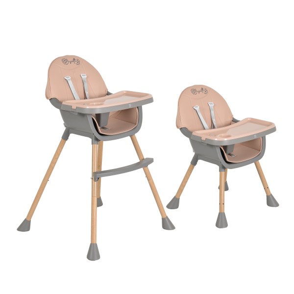 Scaun de Masă 2în1 Moni Biscotti Pink, Tapițerie PU, Ham 5 Puncte, Tavă Dublă Detașabilă, 6 Luni – 20 kg