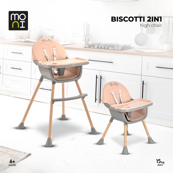 Scaun de Masă 2în1 Moni Biscotti Pink, Tapițerie PU, Ham 5 Puncte, Tavă Dublă Detașabilă, 6 Luni – 20 kg