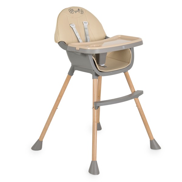 Scaun de Masă 2în1 Moni Biscotti Beige, Tapițerie PU, Ham 5 Puncte, Tavă Dublă Detașabilă, 6 Luni – 20 kg