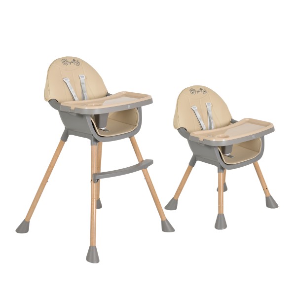 Scaun de Masă 2în1 Moni Biscotti Beige, Tapițerie PU, Ham 5 Puncte, Tavă Dublă Detașabilă, 6 Luni – 20 kg