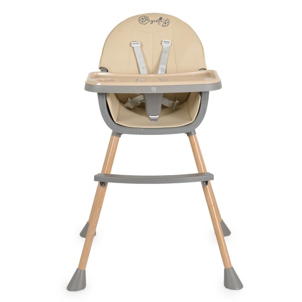 Scaun de Masă 2în1 Moni Biscotti Beige, Tapițerie PU, Ham 5 Puncte, Tavă Dublă Detașabilă, 6 Luni – 20 kg
