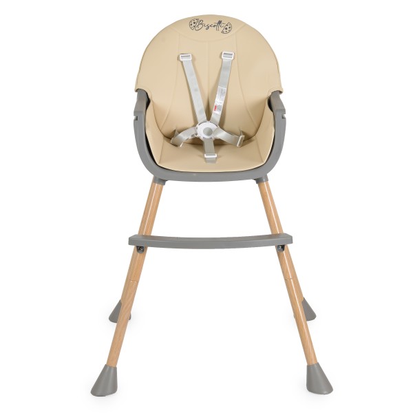 Scaun de Masă 2în1 Moni Biscotti Beige, Tapițerie PU, Ham 5 Puncte, Tavă Dublă Detașabilă, 6 Luni – 20 kg