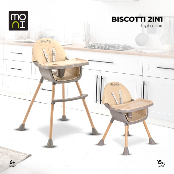 Scaun de Masă 2în1 Moni Biscotti Beige, Tapițerie PU, Ham 5 Puncte, Tavă Dublă Detașabilă, 6 Luni – 20 kg