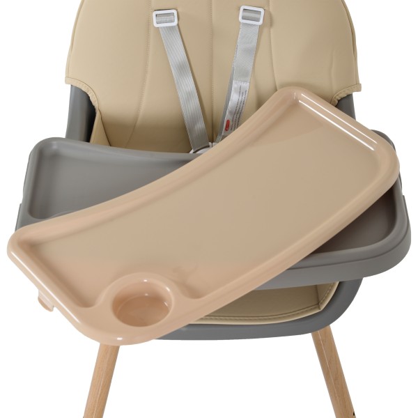 Scaun de Masă 2în1 Moni Biscotti Beige, Tapițerie PU, Ham 5 Puncte, Tavă Dublă Detașabilă, 6 Luni – 20 kg
