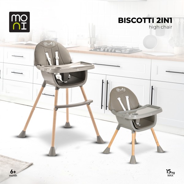 Scaun de Masă 2în1 Moni Biscotti Grey, Tapițerie PU, Ham 5 Puncte, Tavă Dublă Detașabilă, 6 Luni – 20 kg