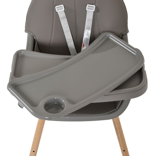 Scaun de Masă 2în1 Moni Biscotti Grey, Tapițerie PU, Ham 5 Puncte, Tavă Dublă Detașabilă, 6 Luni – 20 kg