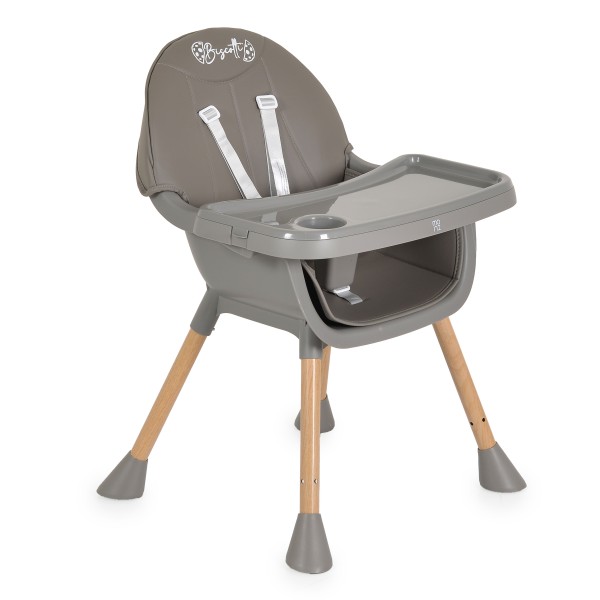Scaun de Masă 2în1 Moni Biscotti Grey, Tapițerie PU, Ham 5 Puncte, Tavă Dublă Detașabilă, 6 Luni – 20 kg