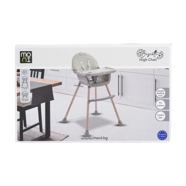 Scaun de Masă 2în1 Moni Biscotti Grey, Tapițerie PU, Ham 5 Puncte, Tavă Dublă Detașabilă, 6 Luni – 20 kg
