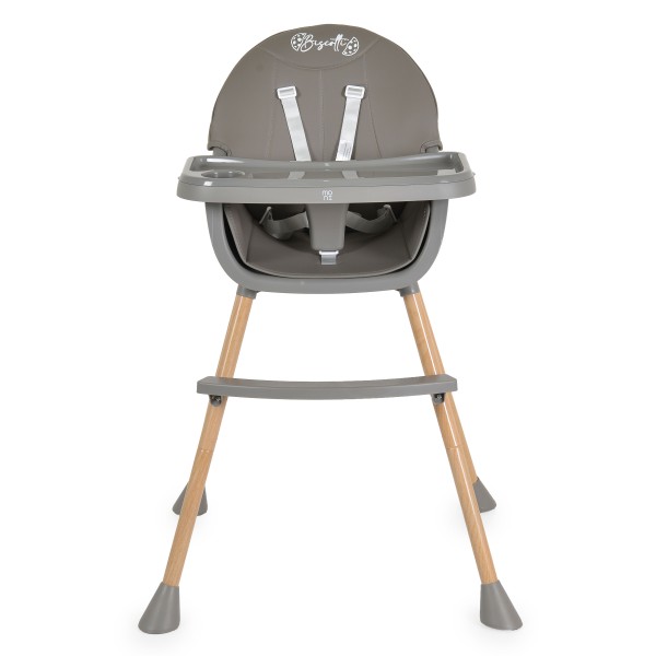 Scaun de Masă 2în1 Moni Biscotti Grey, Tapițerie PU, Ham 5 Puncte, Tavă Dublă Detașabilă, 6 Luni – 20 kg