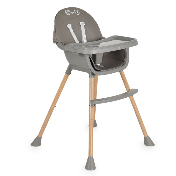 Scaun de Masă 2în1 Moni Biscotti Grey, Tapițerie PU, Ham 5 Puncte, Tavă Dublă Detașabilă, 6 Luni – 20 kg