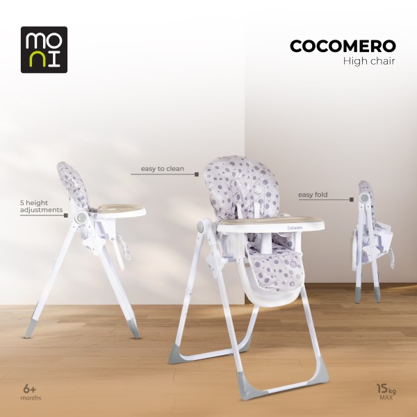 Scaun de Masă Moni Cocomero Blue, 5 Niveluri Înălțime, Spătar 3 Poziții, Tavă Dublă Detașabilă, Ham 5 Puncte, Bară Siguranță, 6 Luni – 15 kg