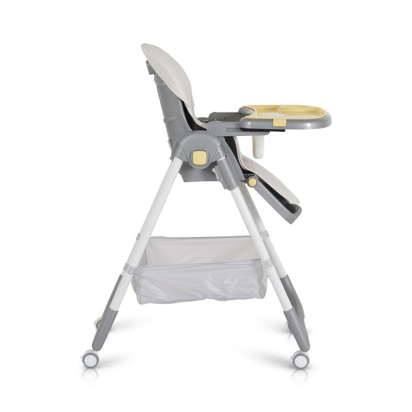 Scaun de Masă Moni Raffy Yellow, 8 Niveluri Înălțime, Spătar 4 Poziții, Tavă Dublă, Ham 5 Puncte, Roți cu Frâne, Coș Depozitare, 6 Luni – 15 kg