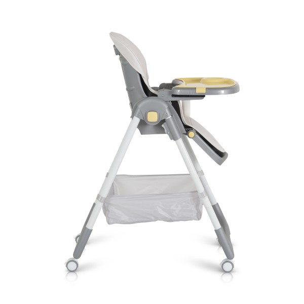 Scaun de Masă Moni Raffy Yellow, 8 Niveluri Înălțime, Spătar 4 Poziții, Tavă Dublă, Ham 5 Puncte, Roți cu Frâne, Coș Depozitare, 6 Luni – 15 kg