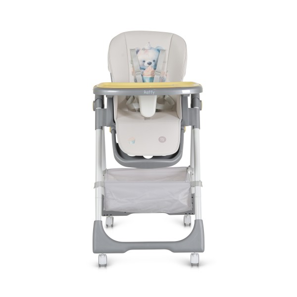 Scaun de Masă Moni Raffy Yellow, 8 Niveluri Înălțime, Spătar 4 Poziții, Tavă Dublă, Ham 5 Puncte, Roți cu Frâne, Coș Depozitare, 6 Luni – 15 kg