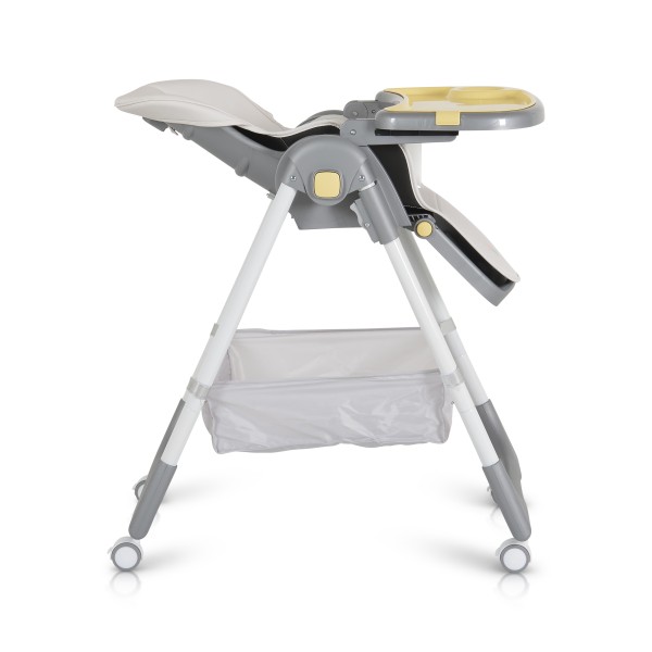 Scaun de Masă Moni Raffy Yellow, 8 Niveluri Înălțime, Spătar 4 Poziții, Tavă Dublă, Ham 5 Puncte, Roți cu Frâne, Coș Depozitare, 6 Luni – 15 kg
