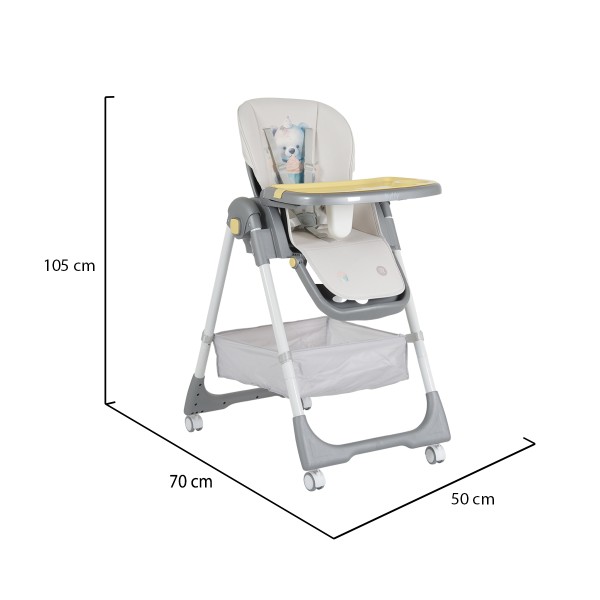 Scaun de Masă Moni Raffy Yellow, 8 Niveluri Înălțime, Spătar 4 Poziții, Tavă Dublă, Ham 5 Puncte, Roți cu Frâne, Coș Depozitare, 6 Luni – 15 kg
