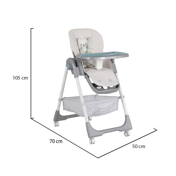 Scaun de Masă Moni Raffy Mint, 8 Niveluri Înălțime, Spătar 4 Poziții, Tavă Dublă, Ham 5 Puncte, Roți cu Frâne, Coș Depozitare, 6 Luni – 15 kg