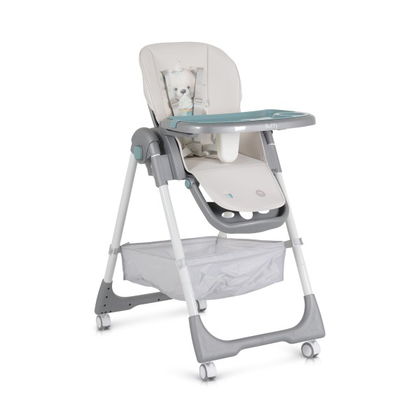 Scaun de Masă Moni Raffy Mint, 8 Niveluri Înălțime, Spătar 4 Poziții, Tavă Dublă, Ham 5 Puncte, Roți cu Frâne, Coș Depozitare, 6 Luni – 15 kg
