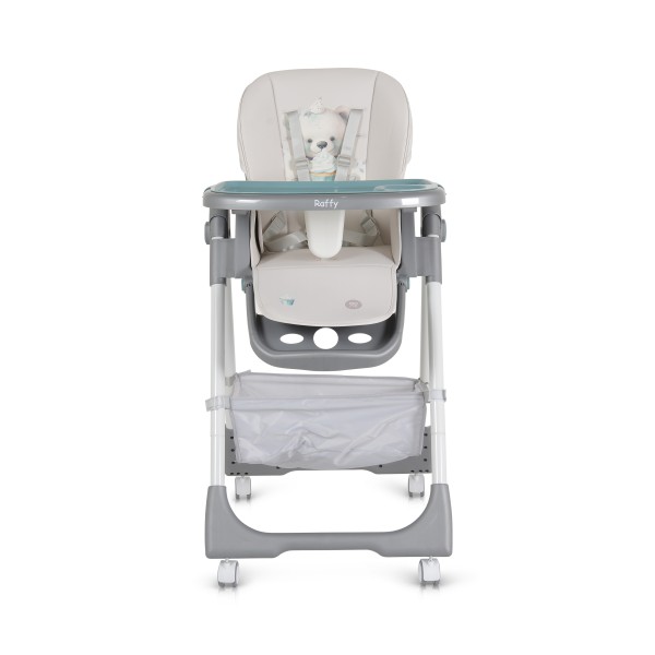 Scaun de Masă Moni Raffy Mint, 8 Niveluri Înălțime, Spătar 4 Poziții, Tavă Dublă, Ham 5 Puncte, Roți cu Frâne, Coș Depozitare, 6 Luni – 15 kg