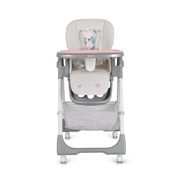 Scaun de Masă Moni Raffy Pink, 8 Niveluri Înălțime, Spătar 4 Poziții, Tavă Dublă, Ham 5 Puncte, Roți cu Frâne, Coș Depozitare, 6 Luni – 15 kg