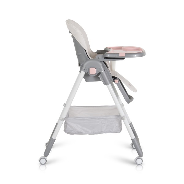 Scaun de Masă Moni Raffy Pink, 8 Niveluri Înălțime, Spătar 4 Poziții, Tavă Dublă, Ham 5 Puncte, Roți cu Frâne, Coș Depozitare, 6 Luni – 15 kg