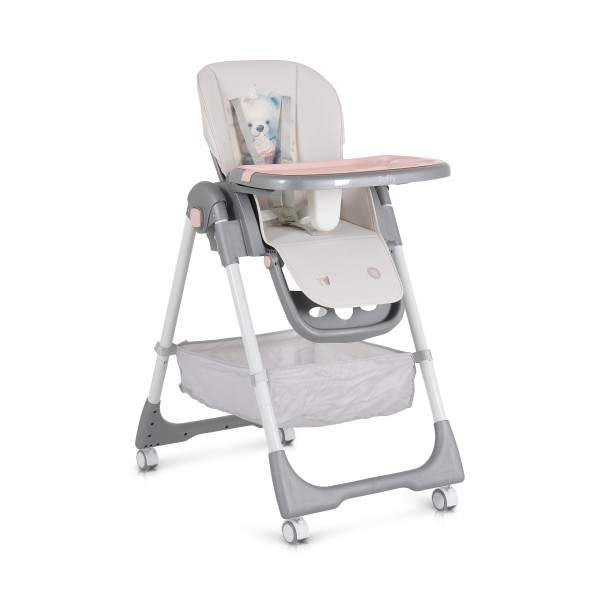 Scaun de Masă Moni Raffy Pink, 8 Niveluri Înălțime, Spătar 4 Poziții, Tavă Dublă, Ham 5 Puncte, Roți cu Frâne, Coș Depozitare, 6 Luni – 15 kg