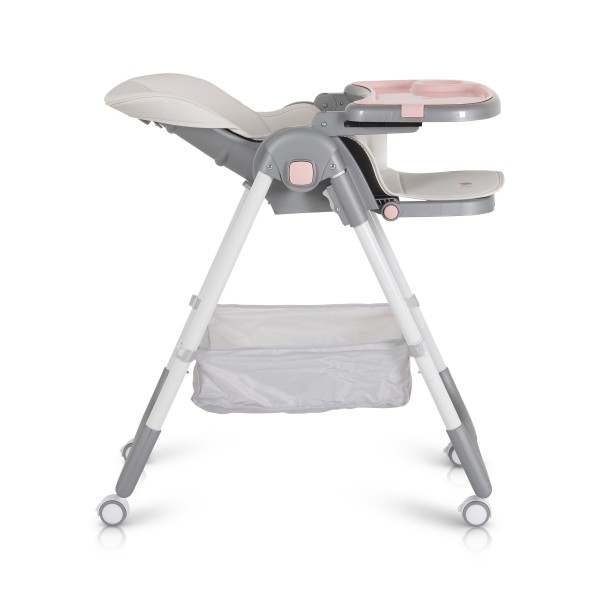 Scaun de Masă Moni Raffy Pink, 8 Niveluri Înălțime, Spătar 4 Poziții, Tavă Dublă, Ham 5 Puncte, Roți cu Frâne, Coș Depozitare, 6 Luni – 15 kg