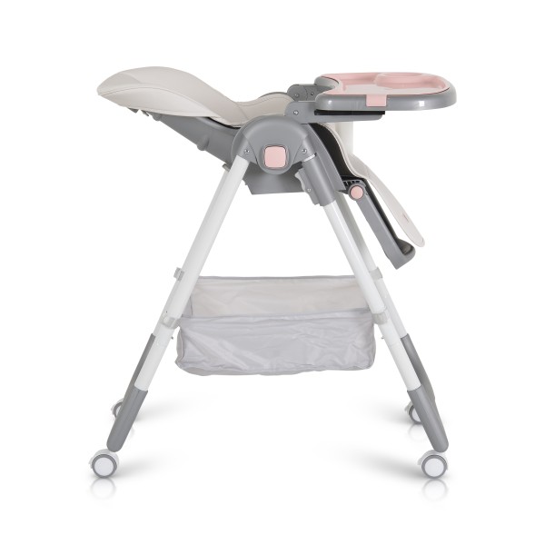 Scaun de Masă Moni Raffy Pink, 8 Niveluri Înălțime, Spătar 4 Poziții, Tavă Dublă, Ham 5 Puncte, Roți cu Frâne, Coș Depozitare, 6 Luni – 15 kg