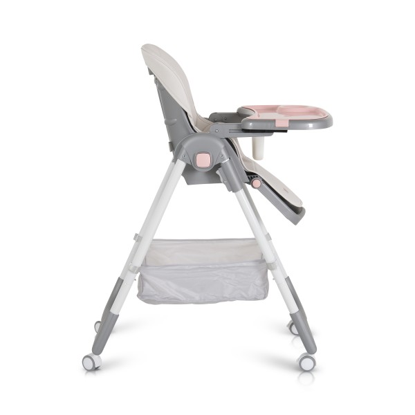 Scaun de Masă Moni Raffy Pink, 8 Niveluri Înălțime, Spătar 4 Poziții, Tavă Dublă, Ham 5 Puncte, Roți cu Frâne, Coș Depozitare, 6 Luni – 15 kg