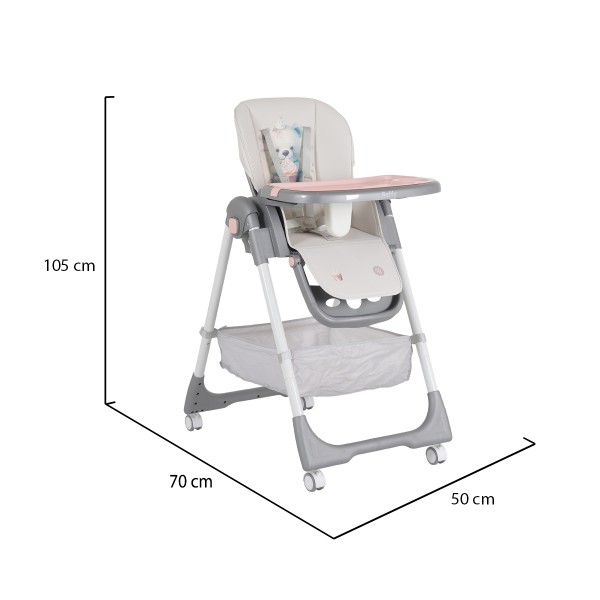 Scaun de Masă Moni Raffy Pink, 8 Niveluri Înălțime, Spătar 4 Poziții, Tavă Dublă, Ham 5 Puncte, Roți cu Frâne, Coș Depozitare, 6 Luni – 15 kg