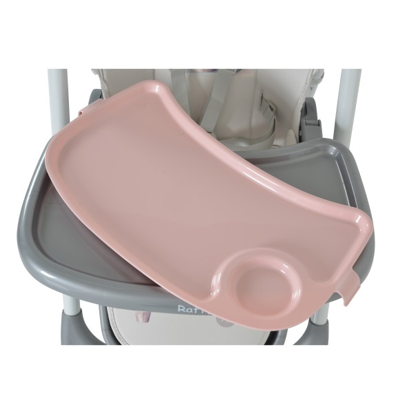 Scaun de Masă Moni Raffy Pink, 8 Niveluri Înălțime, Spătar 4 Poziții, Tavă Dublă, Ham 5 Puncte, Roți cu Frâne, Coș Depozitare, 6 Luni – 15 kg