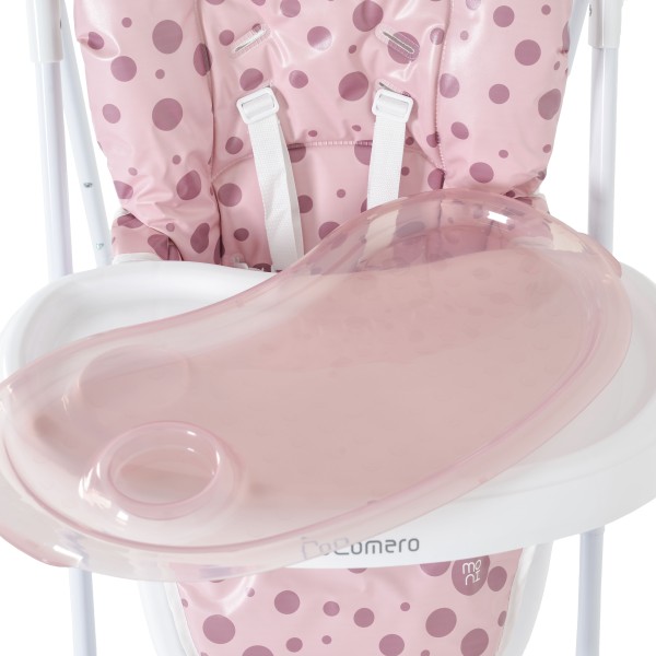Scaun de Masă Moni Cocomero Pink, 5 Niveluri Înălțime, Spătar 3 Poziții, Tavă Dublă Detașabilă, Ham 5 Puncte, Bară Siguranță, 6 Luni – 15 kg