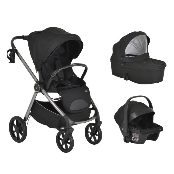 Carucior 3 in 1 Cangaroo Unique Black, 0-4 ani, 22 kg, landou, scaun auto i-Size 40-87 cm, reversibil
