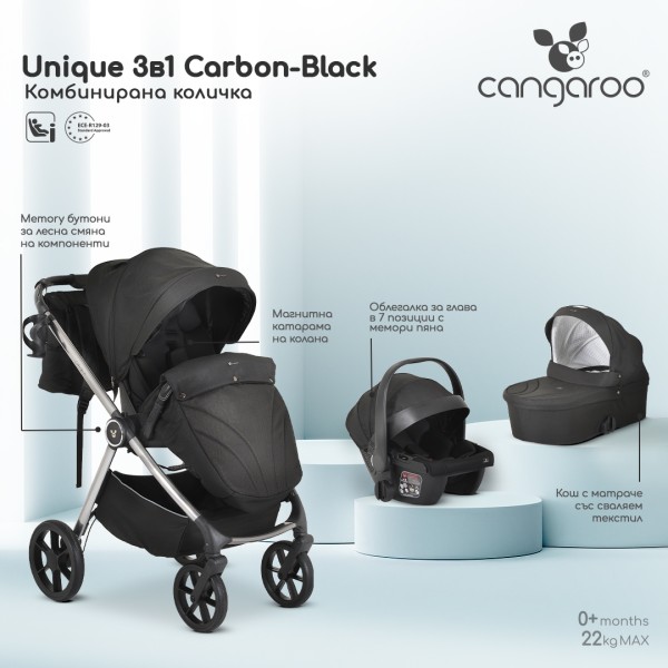 Carucior 3 in 1 Cangaroo Unique Black, 0-4 ani, 22 kg, landou, scaun auto i-Size 40-87 cm, reversibil