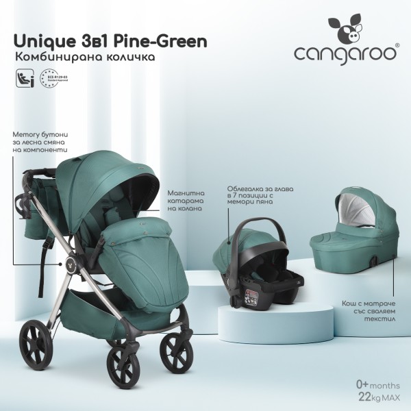 Carucior 3 in 1 Cangaroo Unique Green, 0-4 ani, 22 kg, landou, scaun auto i-Size 40-87 cm, reversibil