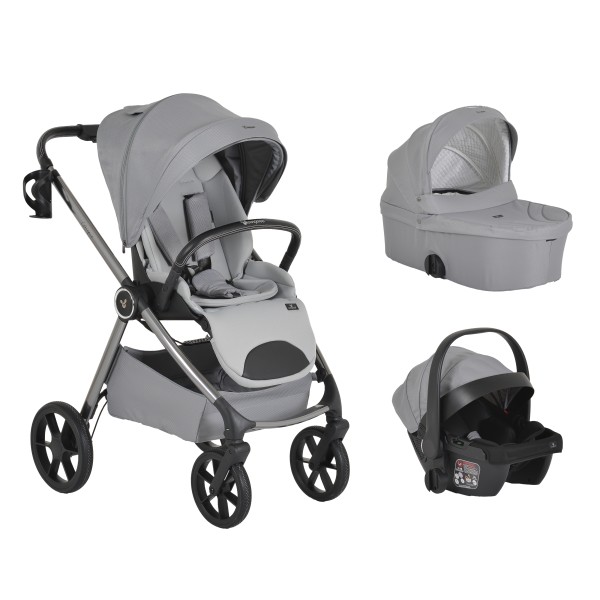 Carucior 3 in 1 Cangaroo Unique Silver, 0-4 ani, 22 kg, landou, scaun auto i-Size 40-87 cm, reversibil