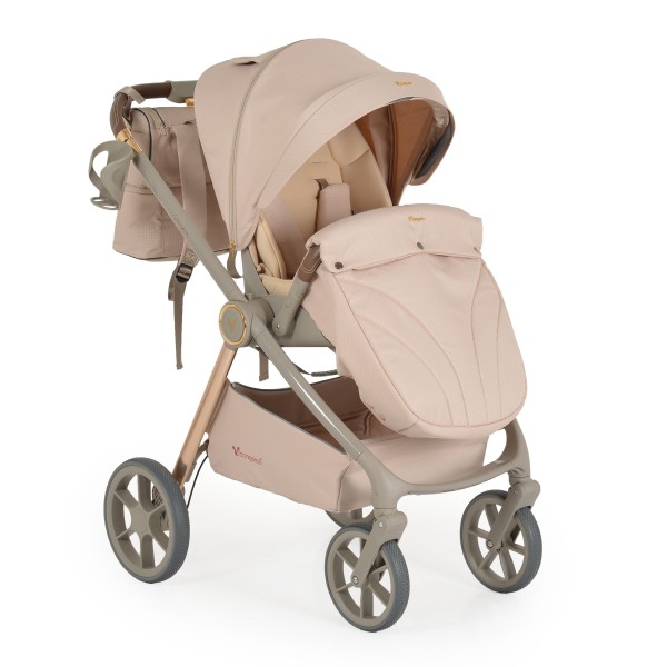 Carucior 3 in 1 Cangaroo Unique Beige, 0-4 ani, 22 kg, landou, scaun auto i-Size 40-87 cm, reversibil
