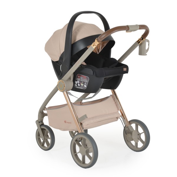 Carucior 3 in 1 Cangaroo Unique Beige, 0-4 ani, 22 kg, landou, scaun auto i-Size 40-87 cm, reversibil