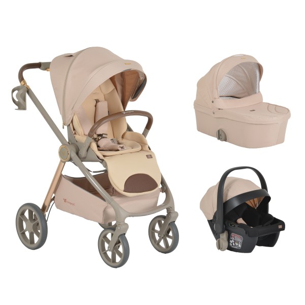Carucior 3 in 1 Cangaroo Unique Beige, 0-4 ani, 22 kg, landou, scaun auto i-Size 40-87 cm, reversibil