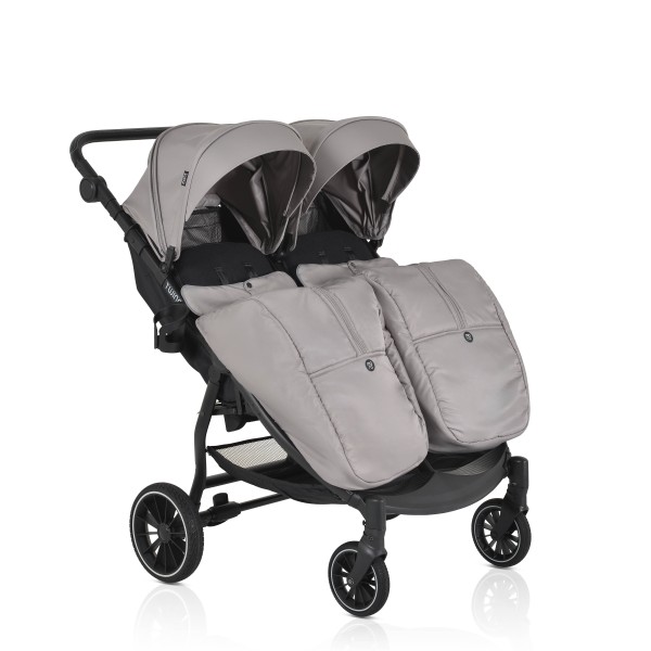 Carucior Gemeni Moni TwinGo Silver, 0-36 luni, 15 kg/copil, spatare independente, pliabil, roti PU 360°