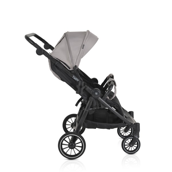 Carucior Gemeni Moni TwinGo Silver, 0-36 luni, 15 kg/copil, spatare independente, pliabil, roti PU 360°