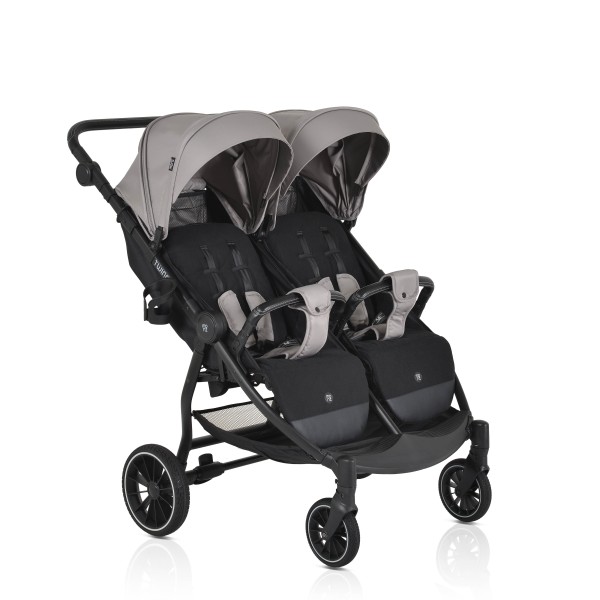 Carucior Gemeni Moni TwinGo Silver, 0-36 luni, 15 kg/copil, spatare independente, pliabil, roti PU 360°