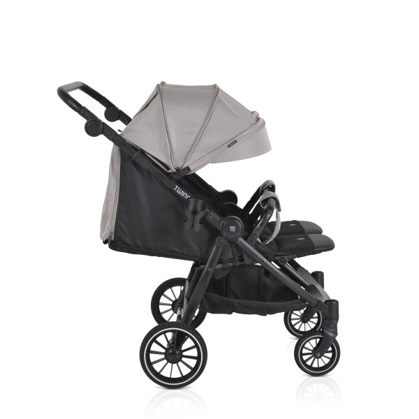 Carucior Gemeni Moni TwinGo Silver, 0-36 luni, 15 kg/copil, spatare independente, pliabil, roti PU 360°