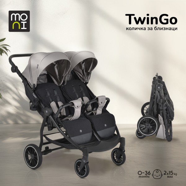 Carucior Gemeni Moni TwinGo Silver, 0-36 luni, 15 kg/copil, spatare independente, pliabil, roti PU 360°