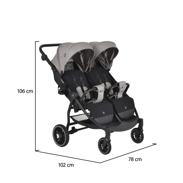 Carucior Gemeni Moni TwinGo Silver, 0-36 luni, 15 kg/copil, spatare independente, pliabil, roti PU 360°