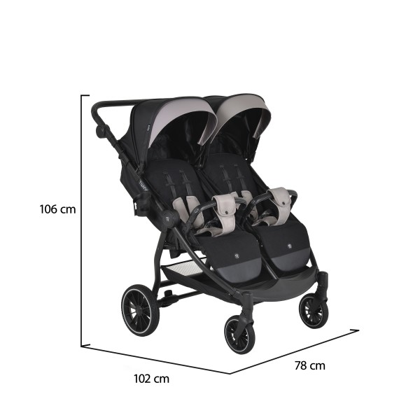 Carucior Gemeni Moni TwinGo Black, 0-36 luni, 15 kg/copil, spatare independente, pliabil, roti PU 360°