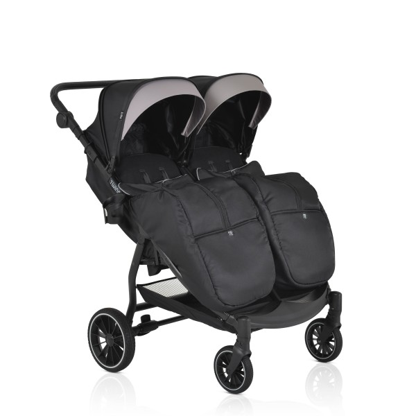 Carucior Gemeni Moni TwinGo Black, 0-36 luni, 15 kg/copil, spatare independente, pliabil, roti PU 360°